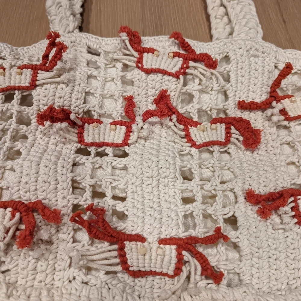 Handcrafted Cream and Red Tote Bag with little crabs